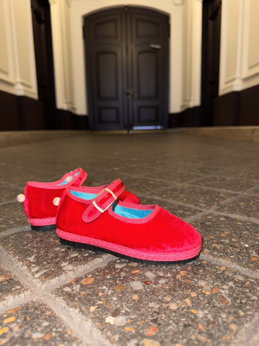 Loafers enfant 'Maria' -  velours de soie bicolore rouge et rose