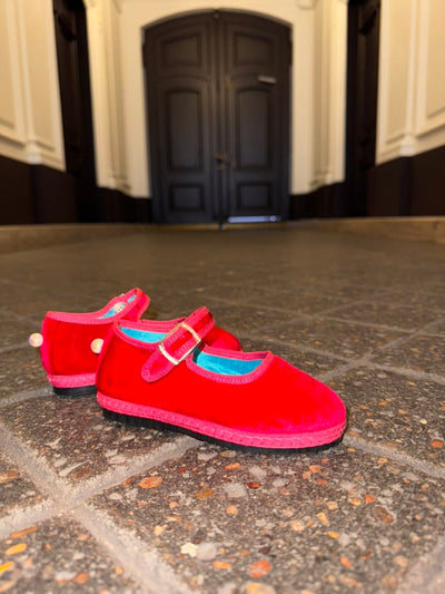 Loafers enfant 'Maria' -  velours de soie bicolore rouge et rose