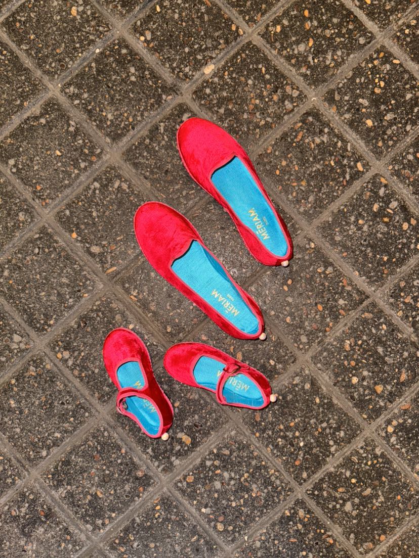 Loafers enfant 'Maria' -  velours de soie bicolore rouge et rose