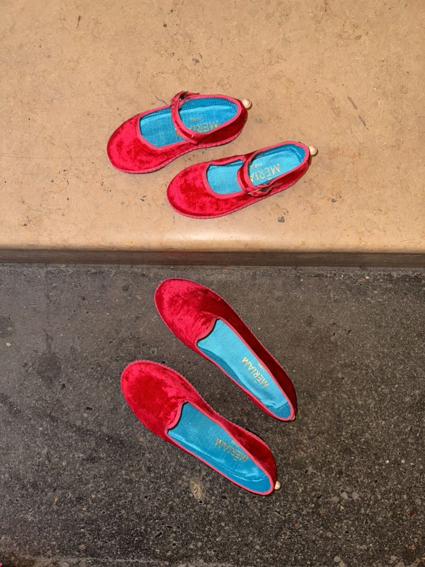 Loafers enfant 'Maria' -  velours de soie bicolore rouge et rose