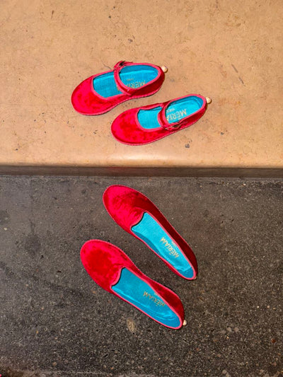 Loafers enfant 'Maria' -  velours de soie bicolore rouge et rose